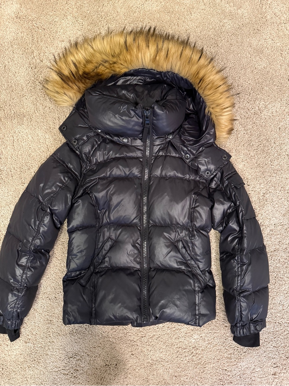S13 New York Black Puffer Jacket with Faux-Fur Trim Hood- great condition